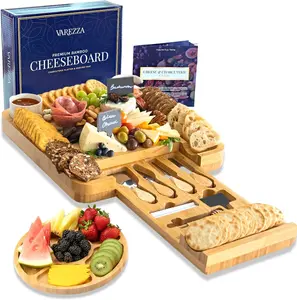 VAREZZA Extra Large Charcuterie Boards Set: Bamboo Cheese Board  - Cheese Tray, Round Bamboo Fruit Cheese Platter, 10 Charcuterie Boards Accessories, House Warming Gifts New Home - Unique