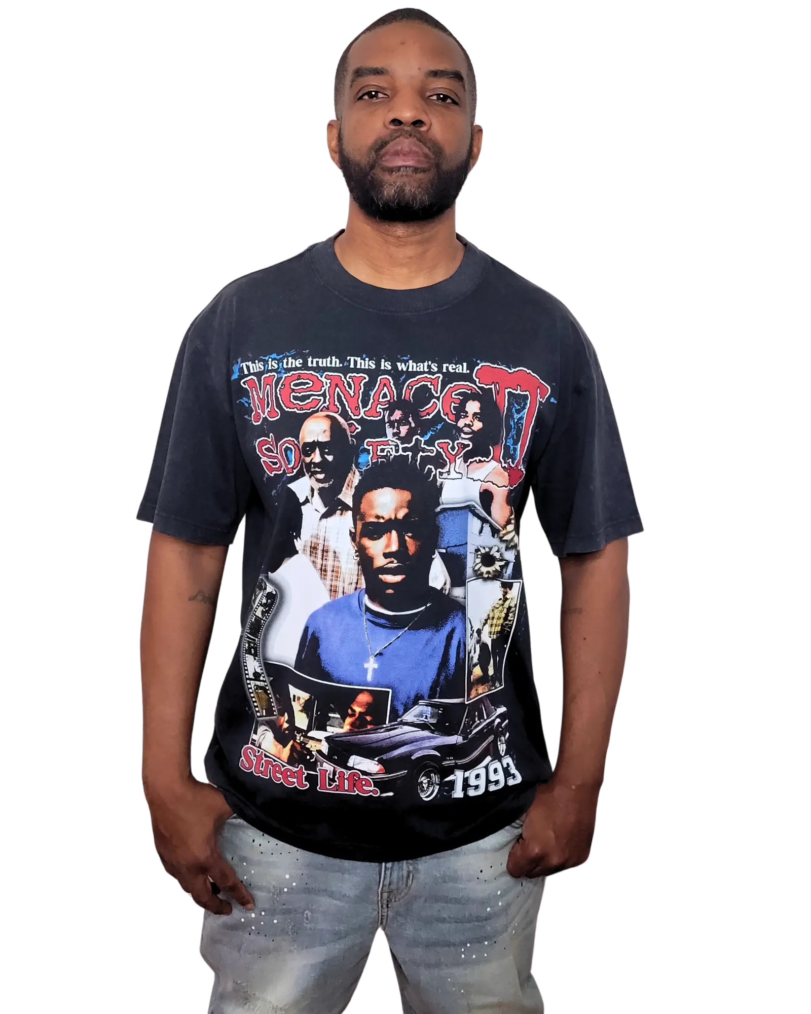 Mens Menace 2 Society Vintage Stone Washed 100% Cotton Heavy Weight Graphic T-Shirt Crew Neck tees