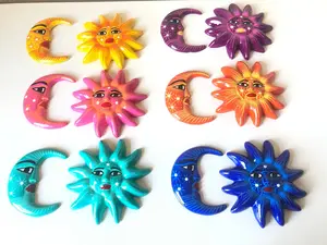 Mini Sun Moon Mexican Ceramic Garden Decoration - Handmade and Hand-Painted Wall Figures for Outdoor Patio