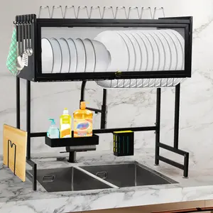 Over The Sink Dish Drying Rack - 3 Tier Large Capacity Metal Dish Drainer Over The Counter Dish Rack Kitchen Sink Shelf with Cover for Kitchen Storage & Organization Black
