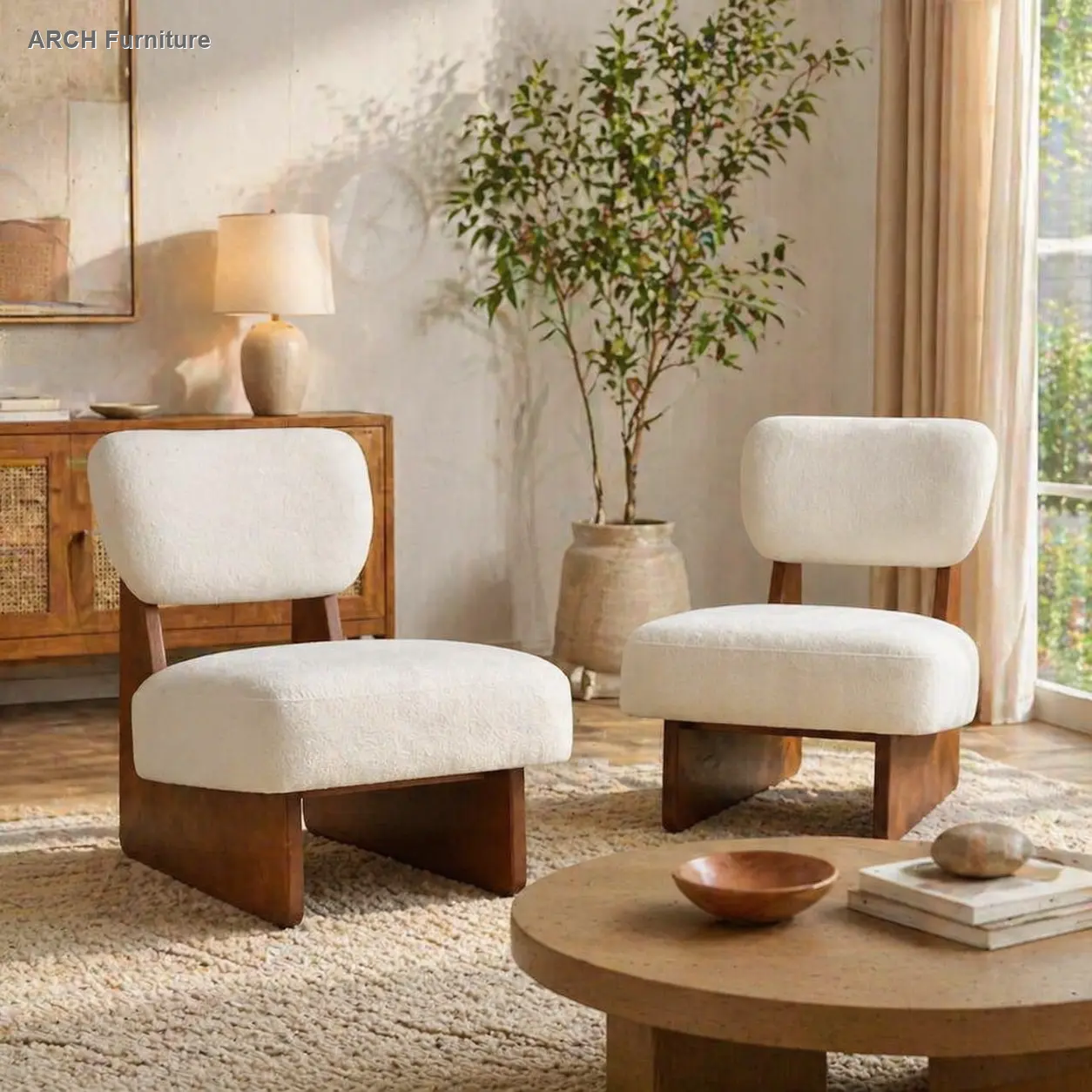 2-Piece Modern Beige Polyester Upholstered Armless Lounge Chairs, Contemporary Tub Chairs with Sturdy Walnut-Finished Wood Base, Minimalist Indoor Accent Furniture for Living Room, Office