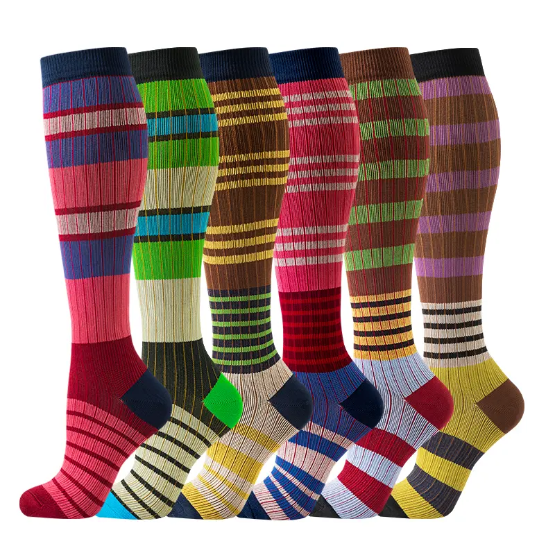 Women's 6 Pairs Knee High Compression Socks, Retro Striped Cotton Blend with 15-20mmHg Support and Stay-Put Non-Slip Cuff, Six Pairs