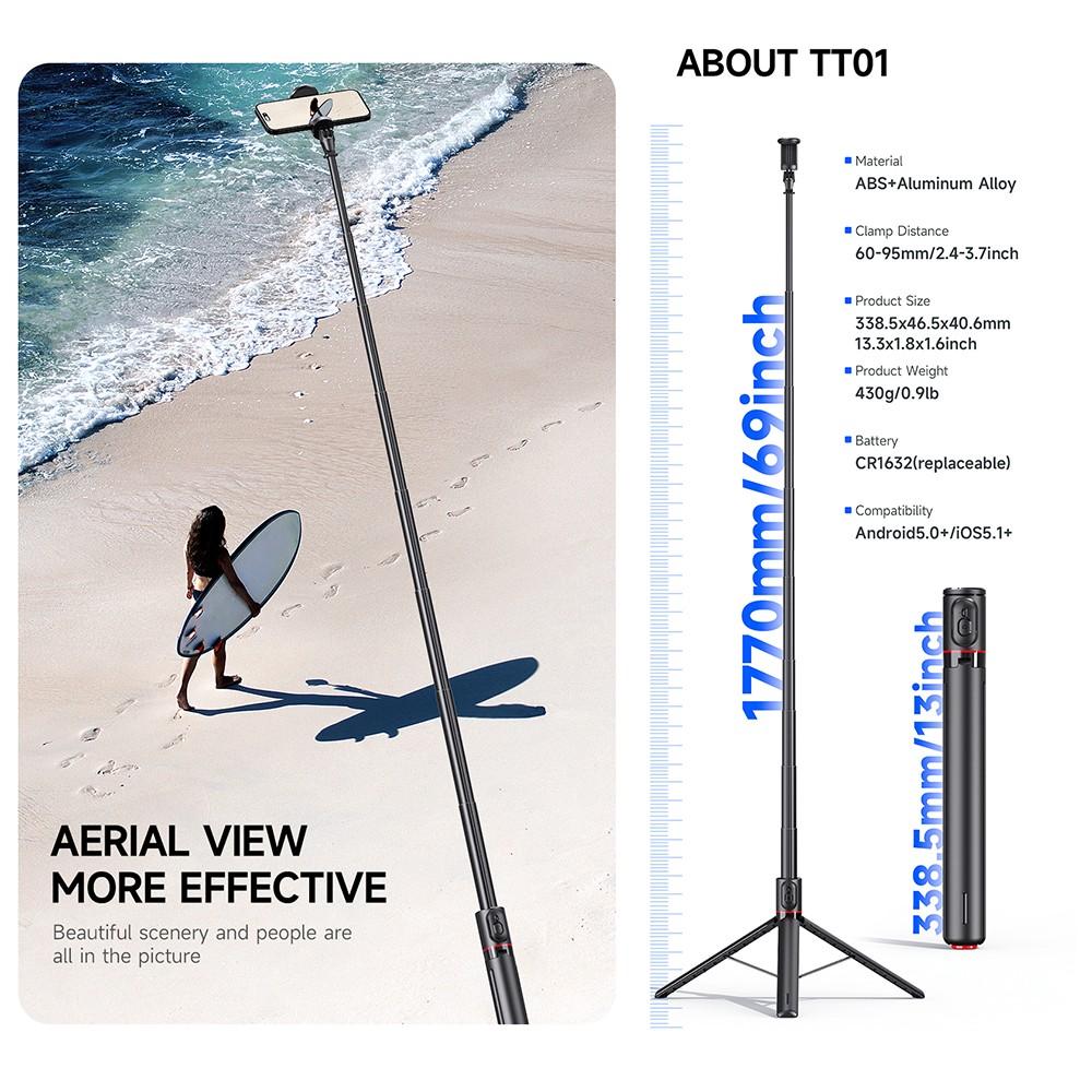70" Auto-Open Selfie Stick Tripod with Remote Kit, 175mm(H) Telescopic Rod Aluminum Alloy, 360° Rotatable Stable Travel Portable Phone Holder Stand Mount for Vlog/Video Record/Live Stream, Universal fits for iPhone 17 16 15 Pro Max Samsung Galaxy Series