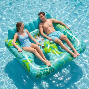 Inflatable Pool Float for Adults, 61"×71" Pool Lounger Floats for 2 Person, Sun Tanning Floats Raft with Drink Holder & Backrest, Water Float Tanning Pool for Swimming Pool, Lake, River summervibes