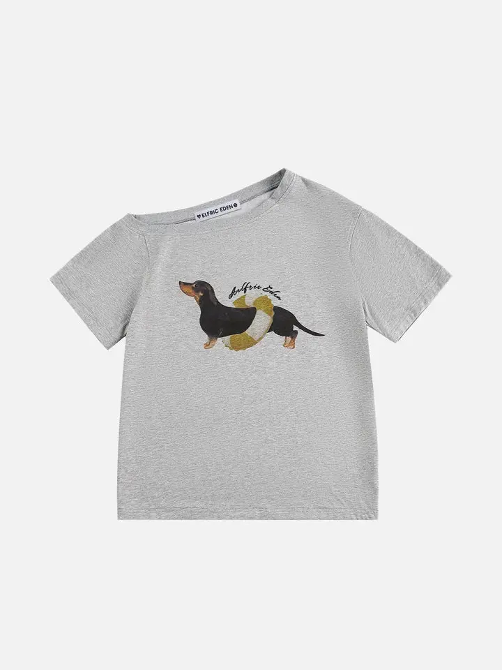 Aelfric Eden Dachshund Off-The-Shoulder Tee Mens Oversized Graphic Tees Cute Dog Casual Women Tshirts Short Sleeve Top Cotton Cute Tee Shirt