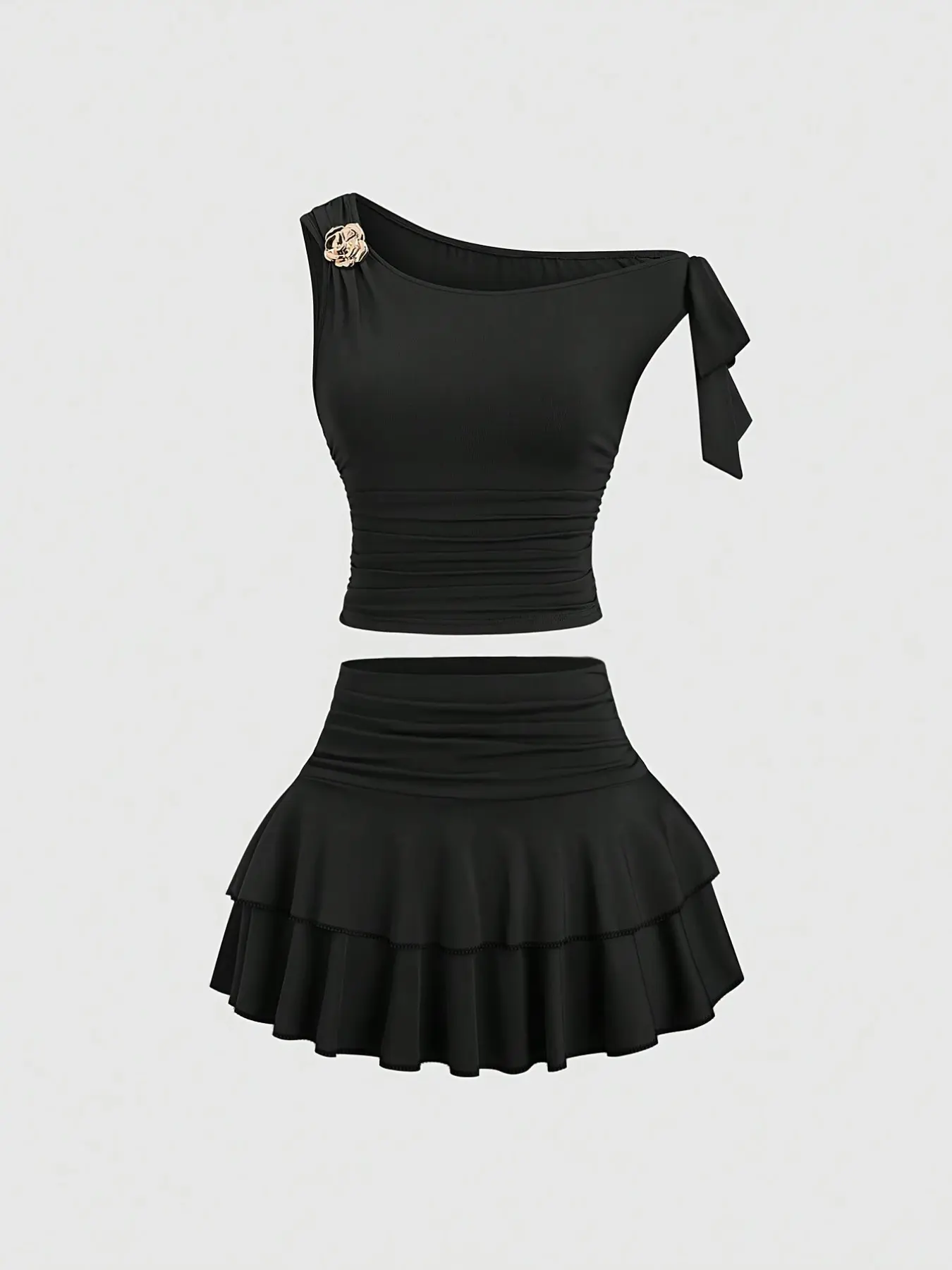 2026 Summer Women's 2-Piece Set, Casual Outfit Set, Plain Color Fashionable Comfortable Knit Ruched Asymmetrical One-Shoulder Top, Metal Flower Button, Layered Pleated Skirt