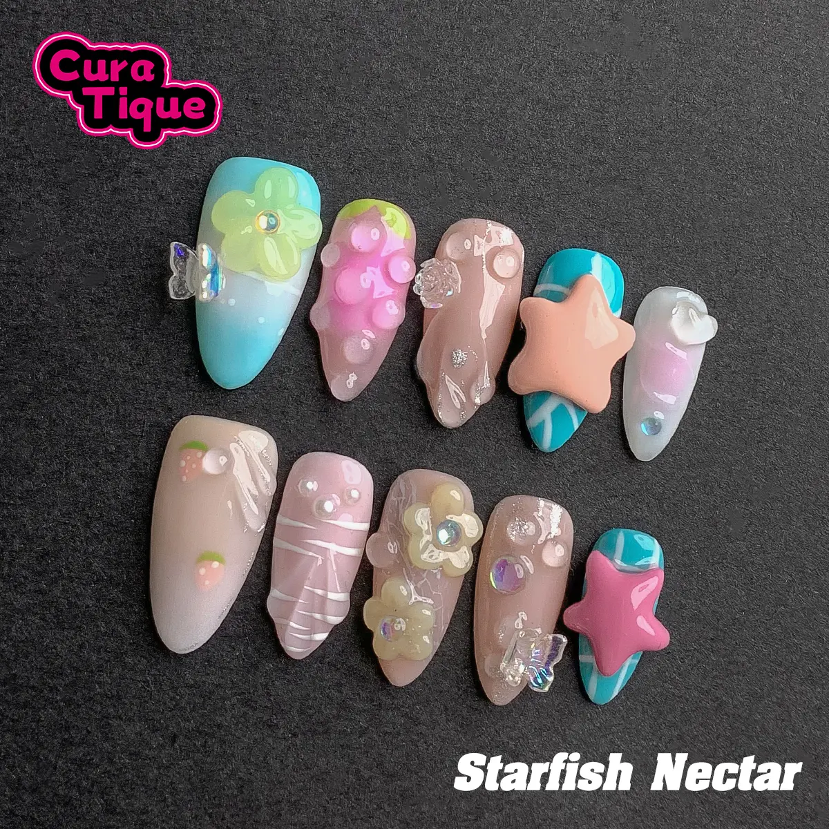 CuraTique | Starfish Nectar 10PCS Handmade Press On Nails REUSABLE 3D Gel spring/summer 2025 / Prom, Decorative Nails, Fake Nails Extensions