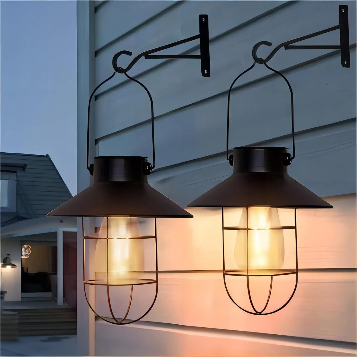Solar Outdoor Lanterns 2 Pack, Hanging & Wall Mounted Farmhouse Lights, Waterproof Garden Porch Fence Decor with Warm White LED