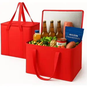 2-Pack XL-Large Insulated Grocery Shopping Bags, Red, , Heavy Duty, Zipped Zipper,Collapsible,Tote,Cooler,Groceries,for ,Recycled Material Warm Foldable Bag...