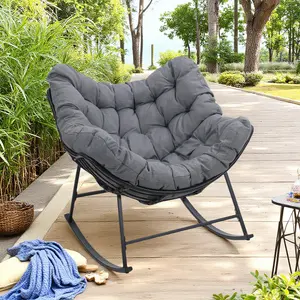 【Crazy Price】Papasan Rocking Chair, Oversized Indoor/Wicker Outdoor Rocker with Thick Cushion,Modern Patio Rattan Egg Style Rocker