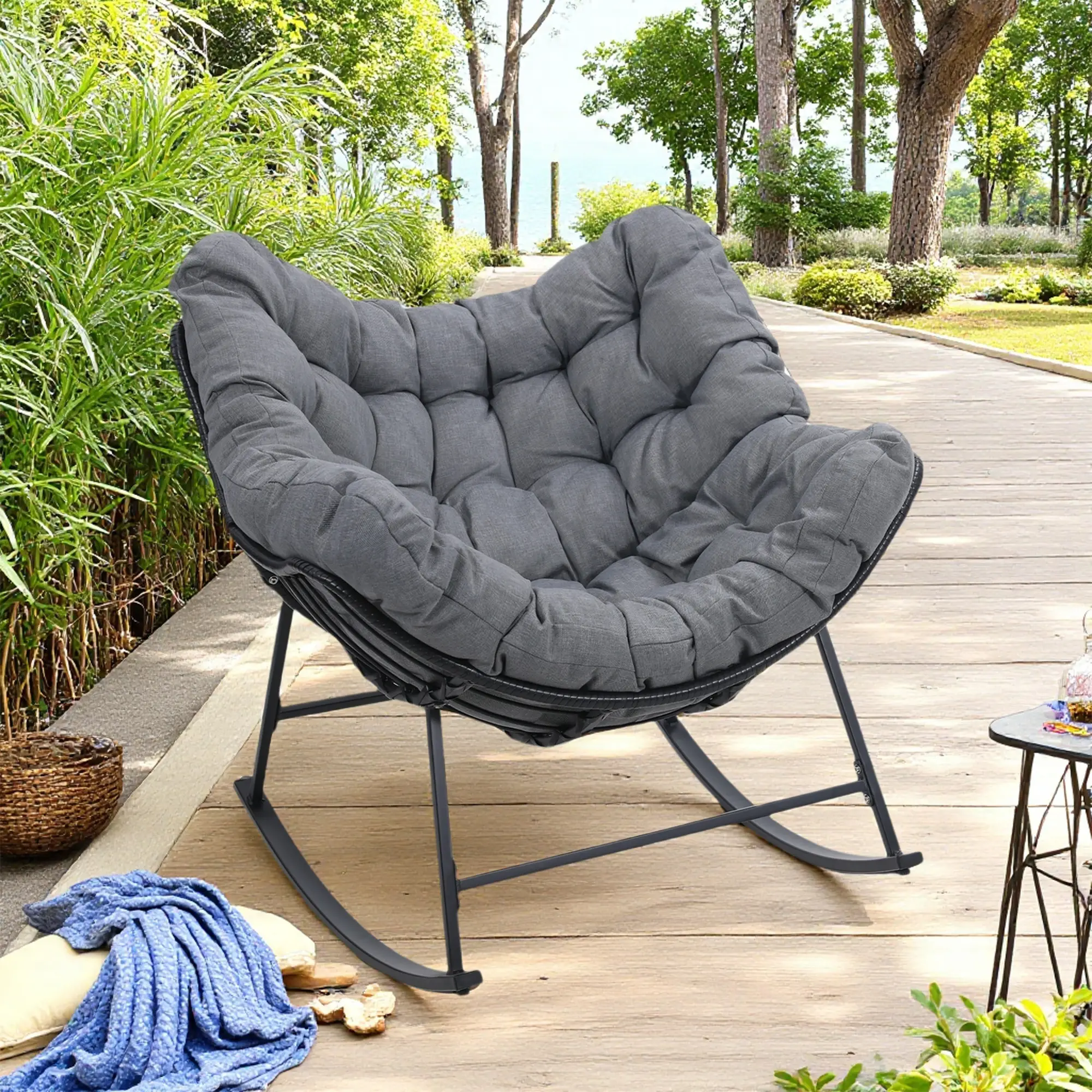 Large Rattan Rocking Papasan Chair, Indoor, Outdoor Rocker Chair, Wicker Rocker with Padded Cushion, Modern Egg Style, Grey Furniture Patio patio furn