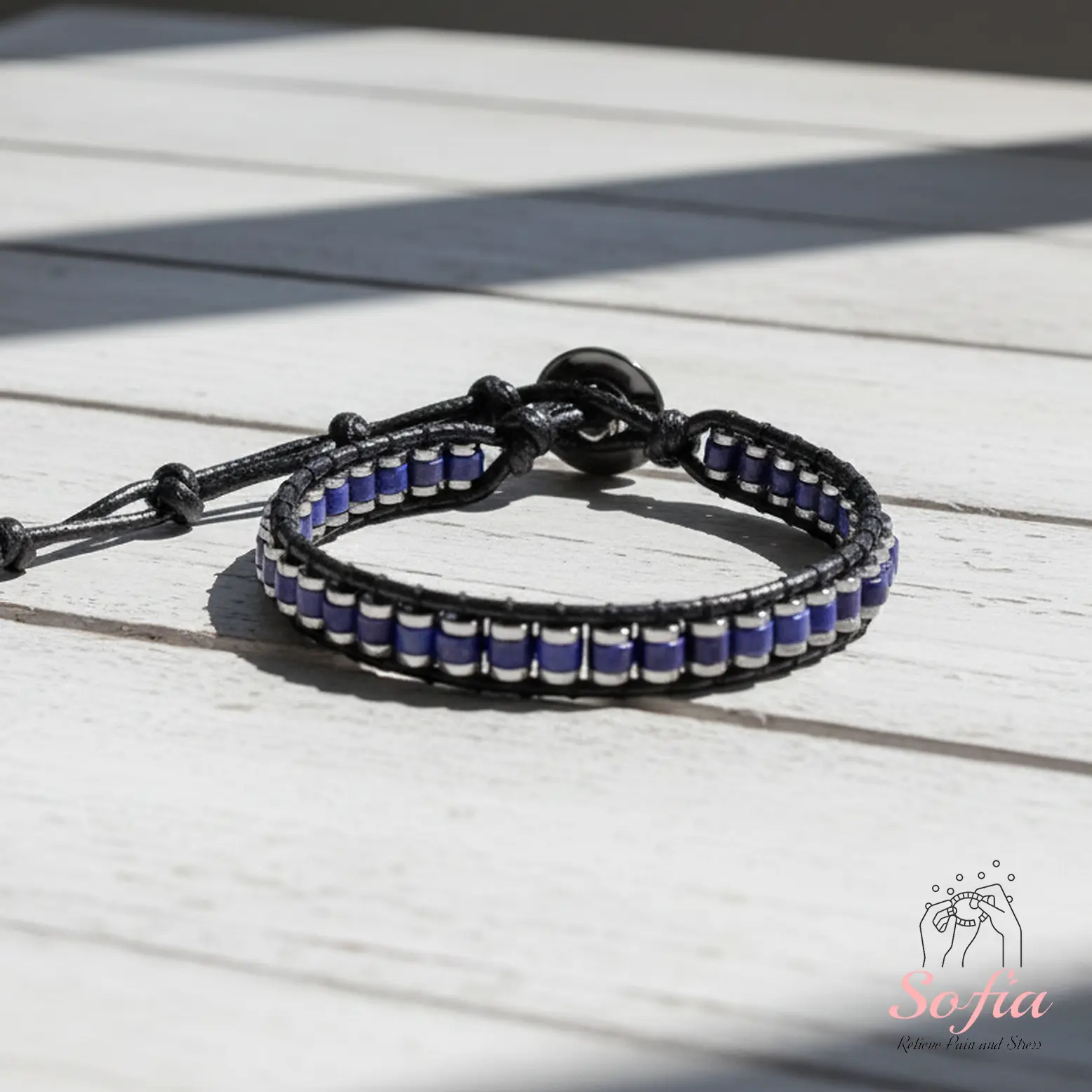 Sofia High Quality Exquisite Lapis Lazuli Bracelet - Blue Lapis, Hematite Healing Natural Crystal Barrel Gemstones, Leather Minimalist Adjustable 6~7.5" Unisex Adults Daily Wear Jewelry Gift