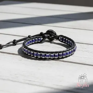 Sofia Lapis Lazuli Bracelet Blue Lapis Hematite Healing Crystal Barrel Gemstone Leather Minimalist Adjustable Gift for Her Him Natural Stone