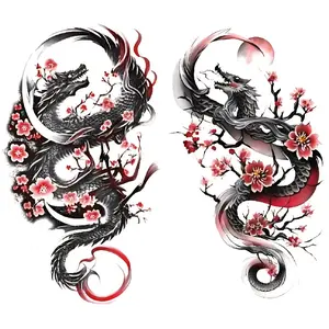 2 Pcs Colorful Plum Blossom Dragon Arm Temporary Tattoo Stickers, Waterproof Realistic Body Art Tattoos for Men and Women, Large Half Arm Design