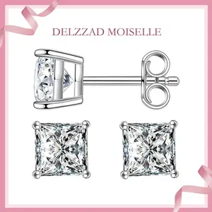 Delzzad S925 Princess Cut Synthetic Moissanite Fashionable Shiny Stud Earrings Birthday Wedding Anniversary Perfect Gifts for Women Girls Women Sturdy Minimalist Accessories