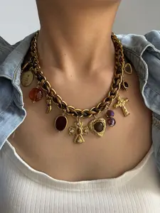 New Acrylic Natural Stone Ceramic Rhinestone Love Cross Pendant Charm Necklace for Women, Stainless Steel Fashion Jewelry