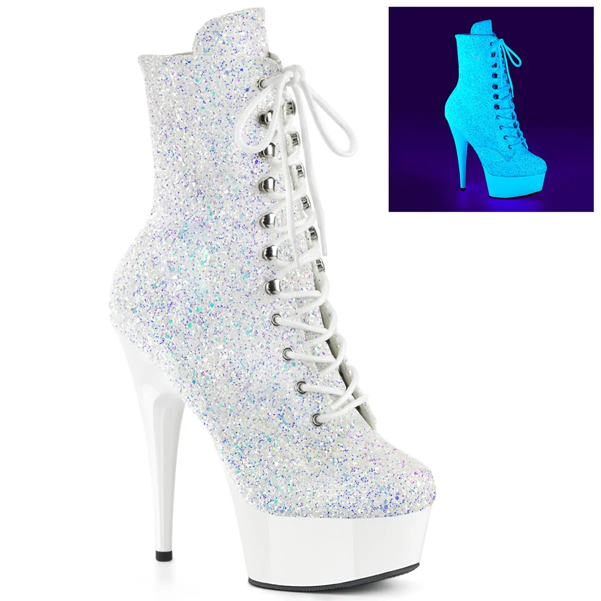 Women's Neon White Glitter Lace-Up Platform Ankle Boots - 6-Inch Stiletto Heel, Side Zipper, Lace Accent, UV Blacklight Reactive Finish for Pole Dance, Clubwear, Synthetic, Glitter Synthetic, Uv Reactive, Fashion, Party, Stage