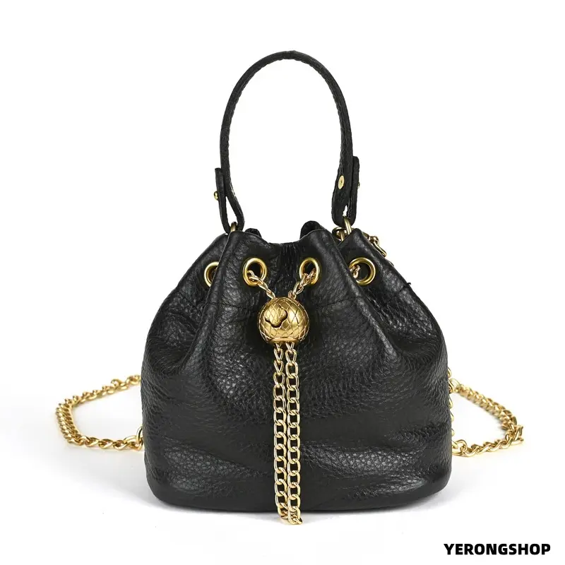 Vintage Vegetable Tanned Leather Bucket Bag, Mini First Layer Cowhide Crossbody Purse, Gold Chain Drawstring Design, Retro Style Shoulder & Handbag for Women, Versatile for Daily & Party Use large capacity adjustable strap