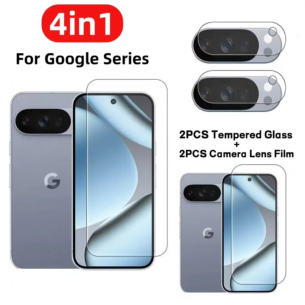 4in1 2pcs HD Tempered Glass Screen Protector, 2pcs Camera Lens Protector For Google Pixel 10/9/Pro/Pro XL/8/8A/8 Pro/7/7a/6/6a, Smartphone, 9H Hardness, Glossy Finish, Anti-Fingerprint, Scratch Resistant, Case Friendly, Phone Screen Protectors