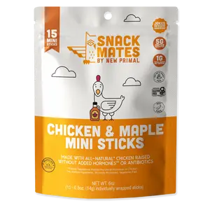 Snack Mates Chicken & Maple Sticks, Gluten Free Low Sugar High Protein Healthy Snack for Kids, Mini Paleo Jerky Meat Stick (15 ct Pack)