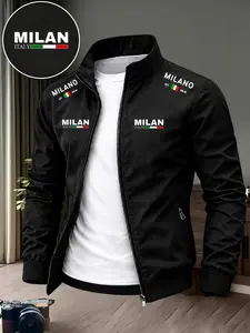Men's Milan City Logo Stand Collar Jacket Coats, Long Sleeve Durable Casual Zipper Outerwear, Windproof Wrinkle-Resistant, Fall Winter Fashion Gift