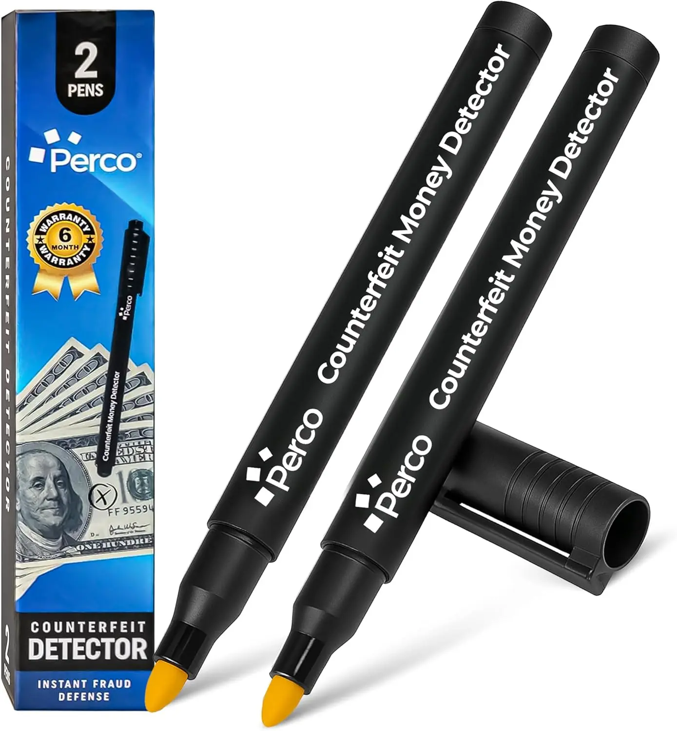 Perco Ink-Based Fake Detector 2 Pens - Easy-to-Use, Reliable Universal Currency Checker for Vendors, Adults, Business Essential, Commercial Use with Instant Single-Stroke Authenticity Verification to Stop Fraud