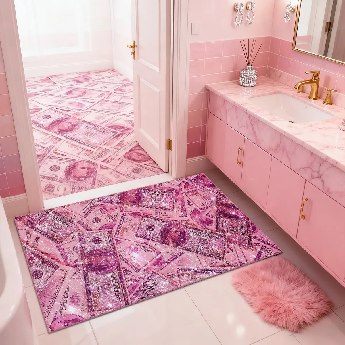 Pink dollar pattern rug, 1 count Y2K aesthetic pattern doormat, soft non-slip rug, Non Slip Rugs, suitable for living room, bedroom, entrance, washable easy to clean, home decor rug, Valentine's Day gift, Y2K aesthetic room decoration
