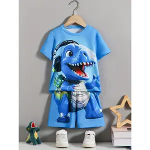 [2-piece Boys Co Ord Set] 2-piece Casual Co Ord Set For Boys |     Headphone And Dino Print Versatile Short Sleeve Tee And Shorts |     Comfy Summer Clothes, Ideal For Daily And Outdoor Wear