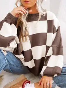 Women's Colorblock Plaid Knit Sweater Set, Plus Size Long Sleeve Pullover, Elegant Winter Fashion, Casual Business Wear, Knitwear