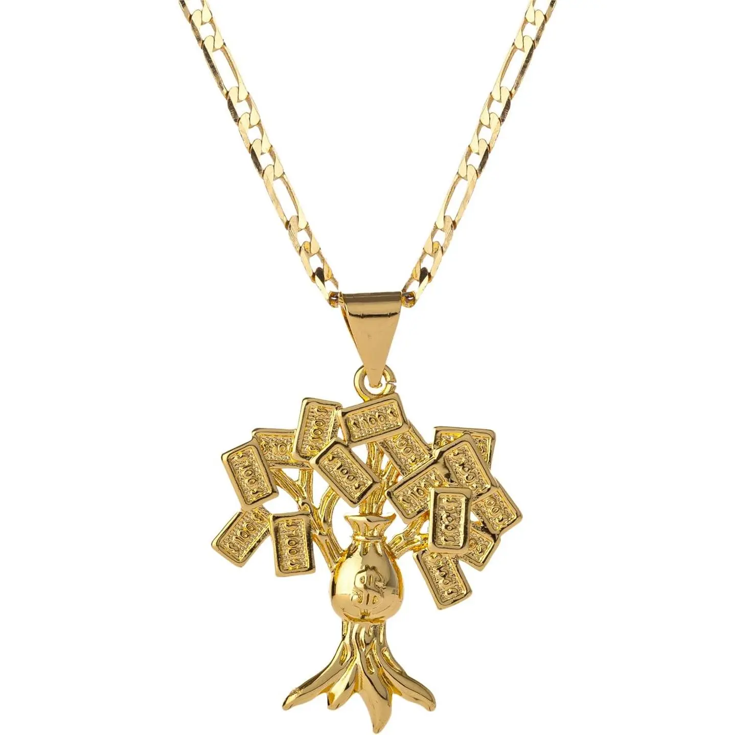 100 Dollar Bill Tree Pendant Necklace for Women Men Money Tree Pendant 3mm Flat Figaro Chain Necklace 18/22 inches