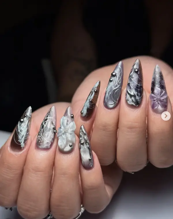 Silver Gothic Stiletto Nails, Black White Spiderweb Nail Art, 3D Floral Chrome Press On Nails, Dark Elegant Witchy Manicure Gift, Nail Gifts