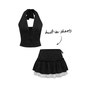 Cider Halter V-neck Polka Dot Crop Top & Mid Rise Lace Trim Mini Skort Set SwimWeek