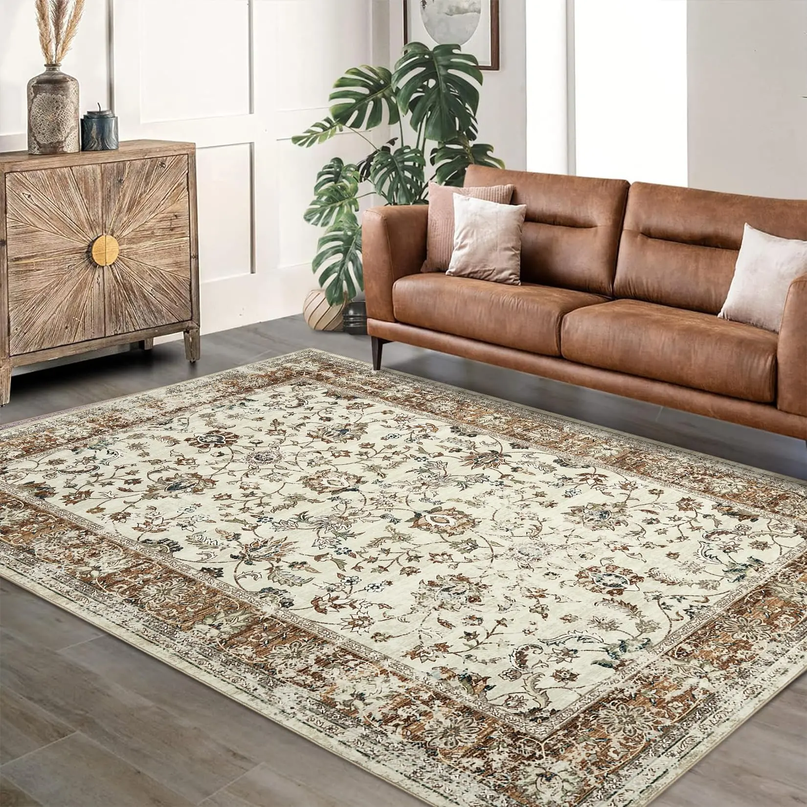 GARVEE Boho 5x7 Living Room Rug - Washable, Non-Slip, Vintage Low Pile Area Rug for Bedroom, Living Room, Farmhouse, Dining Room, and Kids Playroom in Brown