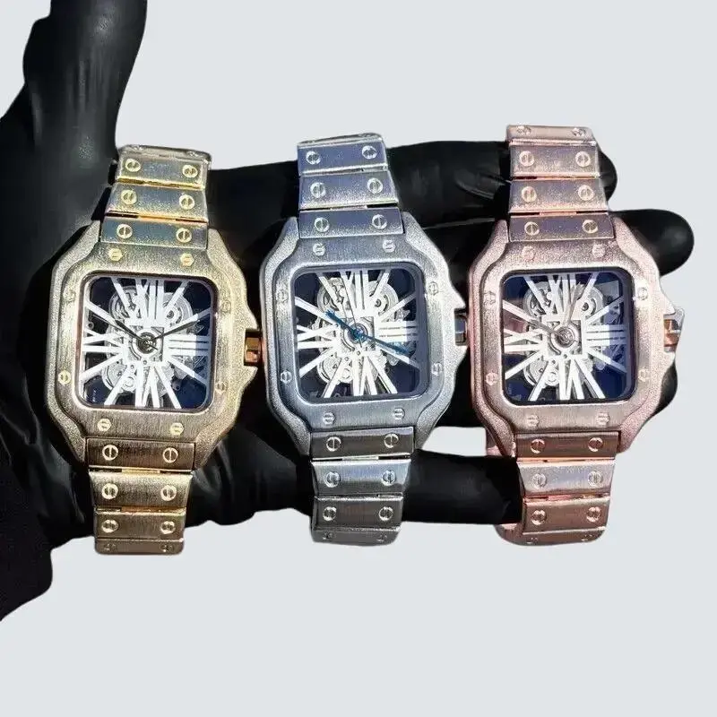 ArcTempus MEN'S METAL BAND LUXURY WATCH SKELECTON DIAL SQUARE BLING GOLD / SILVER / ROSE GOLD, REMOVABLE LINKS, ALLOY CASE