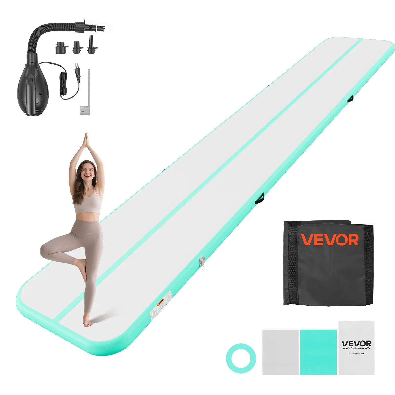【SummerFinds】VEVOR Inflatable Gymnastics Air Mat 20 ft Training Mats w/ Electric Pump, 4 inches Thick Sturdy Tumble Track, Tumbling Mat for Home Use/Gym/Outdoor/Yoga/Cheerleading/Beach/Park/Water, Mint Green