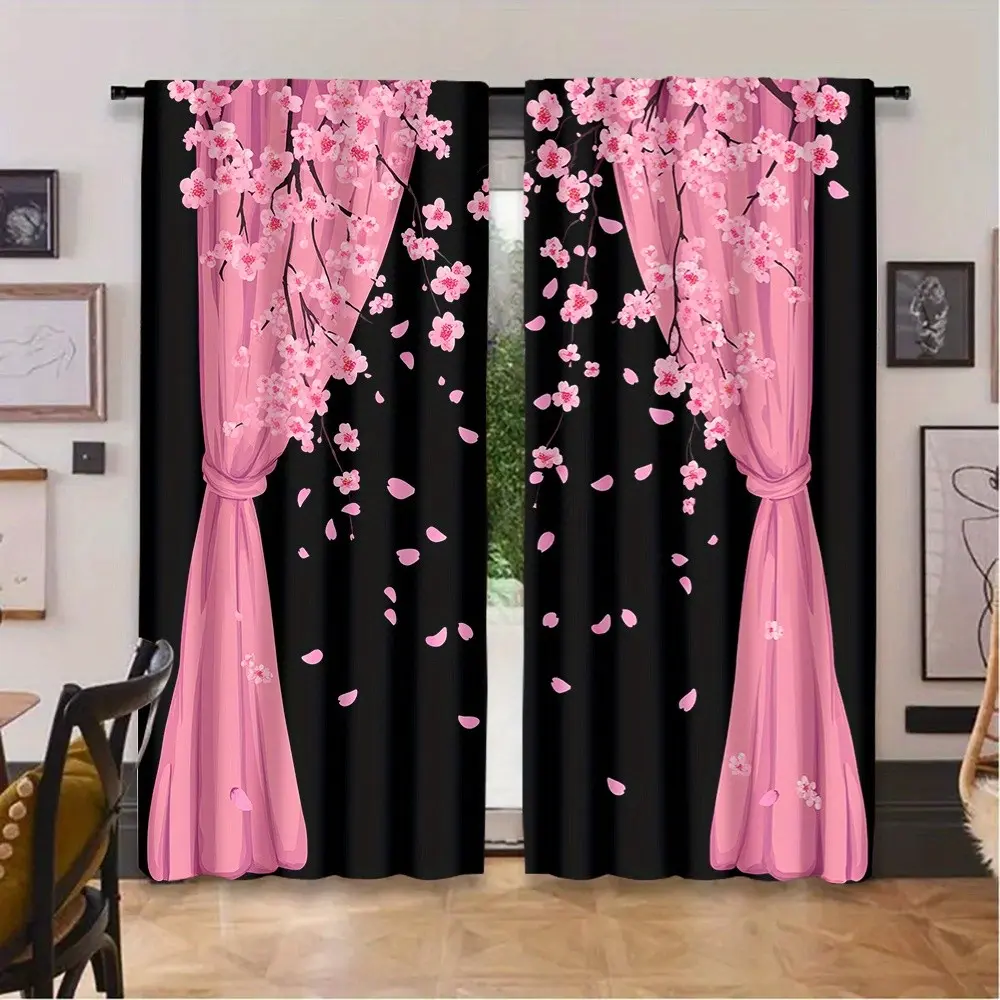 2pcs Cherry Blossom Drapes, Romantic Ready Made Curtains Floral for Bedroom, Japanese Tea Room, Sakura Theme Space, Spring Atmosphere Experience Window Drapes
