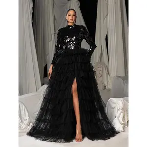 Women’s elegant round-neck sequin jumpsuit with contrasting mesh hem, long sleeves, formal attire, perfect for weddings and evening events