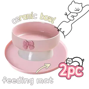 2pc Ceramic Cat Bowl Set, Anti-Spill Pet Food Dish, Elevated Neck Protection, Dog & Cat Feeder, Durable Animal Dining Accessories