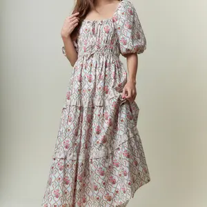 Cotton Poplin Contrast Ruffle Puff Sleeve Maxi Dress