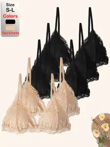 5pcs Sexy Cute Lace Bra Thin Triangle Bralette Lingerie Wireless Women's Underwear Deep V with Backless Top Adjustable Fit Small Chest Bras