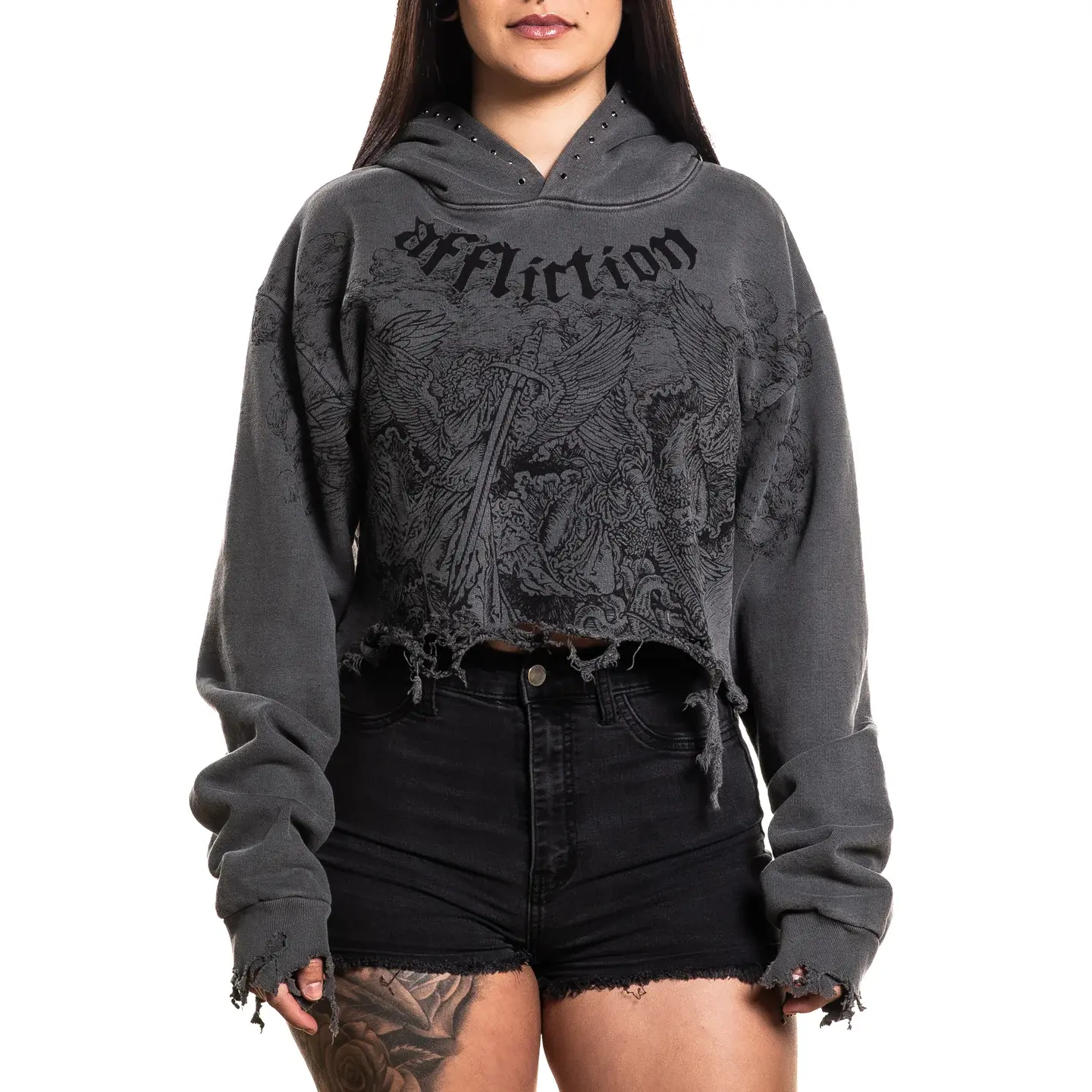 Affliction Women's Angels Crop Hoodie - 100% Cotton Longsleeves Tops, Casual Distressed Pullover Sweatshirt with Rhinestones, Dark Aesthetic Punk Style Layering Outfits