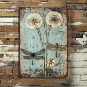 Vintage Wooden Dragonfly and Dandelion Wall Decor 8x12 Inches Antique Metal Sign with 3D Insects Farmhouse Style for Kitchens and Cafes