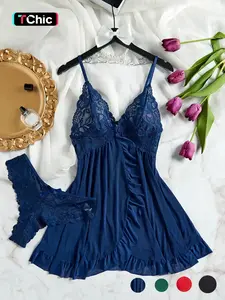 Women's 2-Piece Floral Lace Cut-Out Mesh Cami Nightdress & Bow Thong Sleepwear Set, Lace Trim Nightgown, Chic Elegant Fitted Sleeveless Aesthetic Backless Adjustable Wrap Ruffle Hem Nighty with Contrast Lace Bow Decor, Womenswear Lingerie