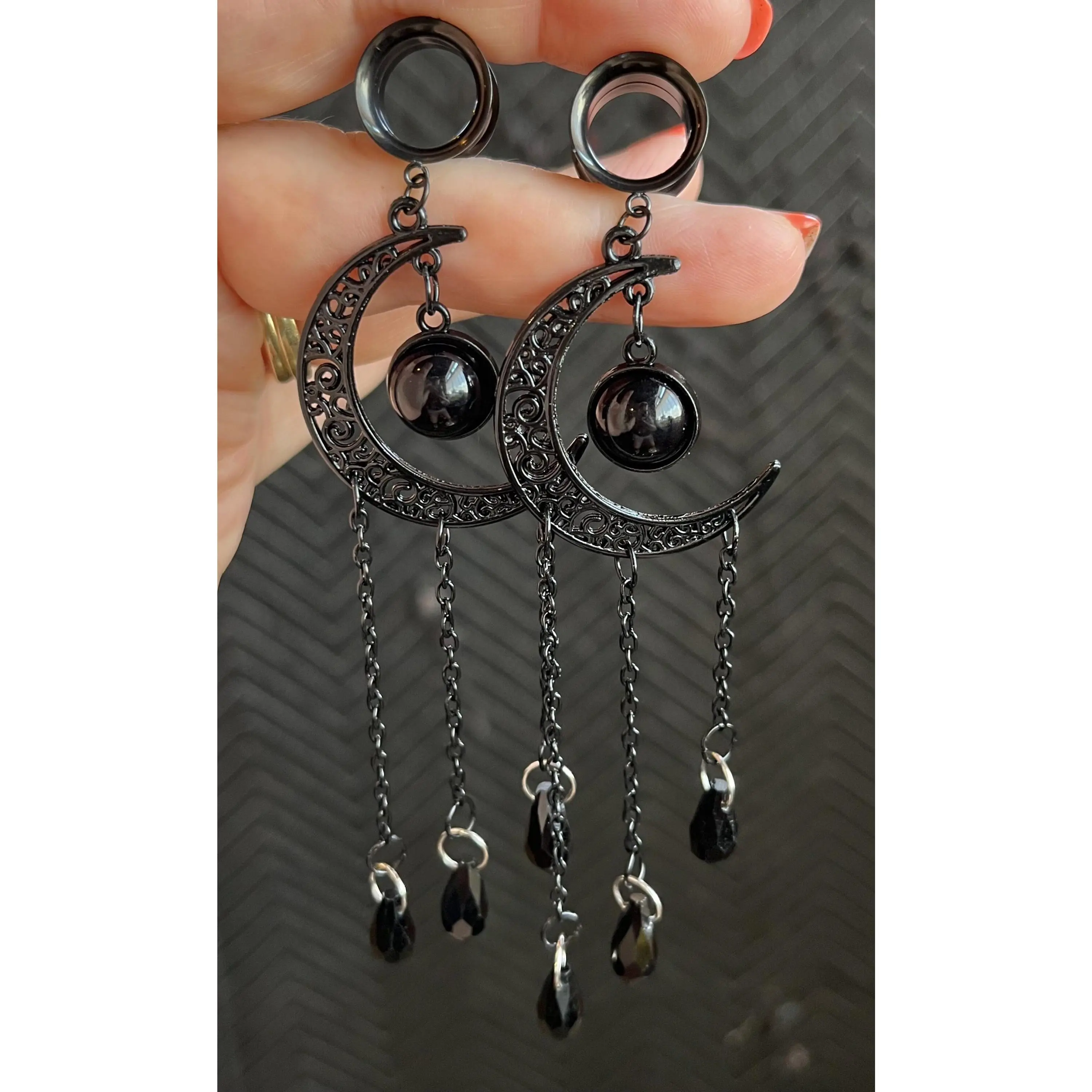 PAIR of Unique Black Filigree Moon Dangle Internally Threaded  Dangle Screw Fit Tunnels -Only 22mm Left In Stock!
