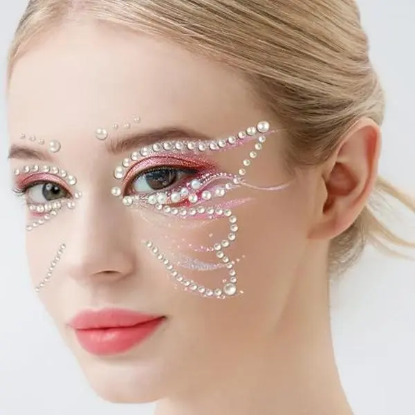Self-Adhesive Sparkly Cosmetic Face Gems & Pearls Sheet - Festival Rhinestone Stickers for Cosmetics Makeup, Makeup Art, Eye Gems Decoration (Hair, Body Included), Concerts