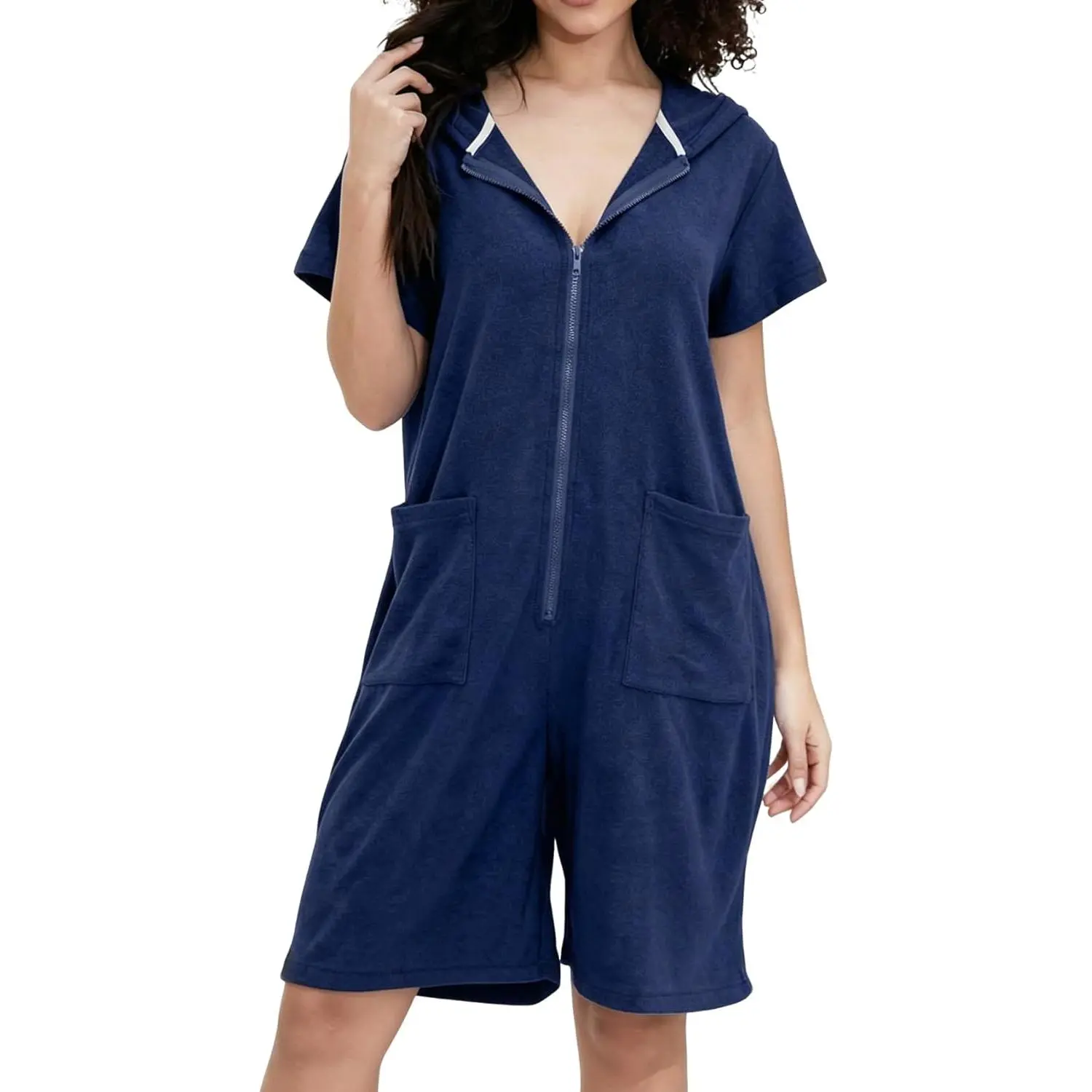 Women's Terry Towel Romper, Hooded Short Sleeve Zip Up Swim Cover Up with Pockets for Beach Pool Party, Absorbent Everyday Outfit, Overalls, Lightweight, Quick Dry