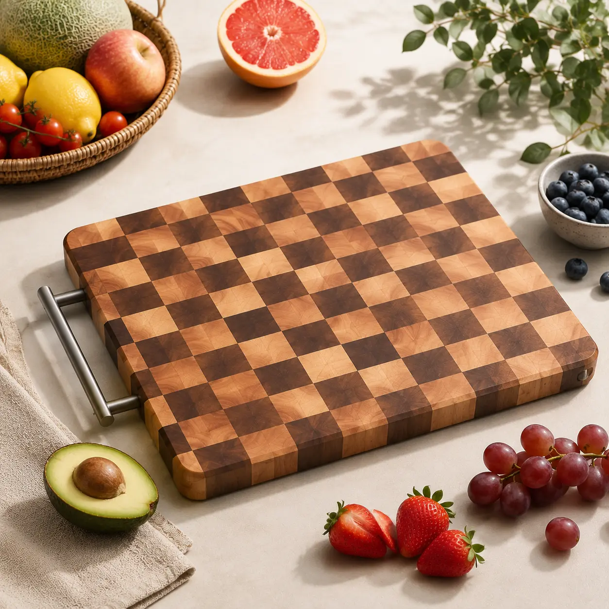Wooden Cutting Board, Thick Chopping Board, Antibacterial Checkerboard Butcher Block with Handle