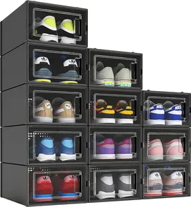 12-Pack Black Stackable Shoe Organizer Boxes - Plastic Shoe Storage Bins for Closet-Space-Saving Sneaker Display Cases