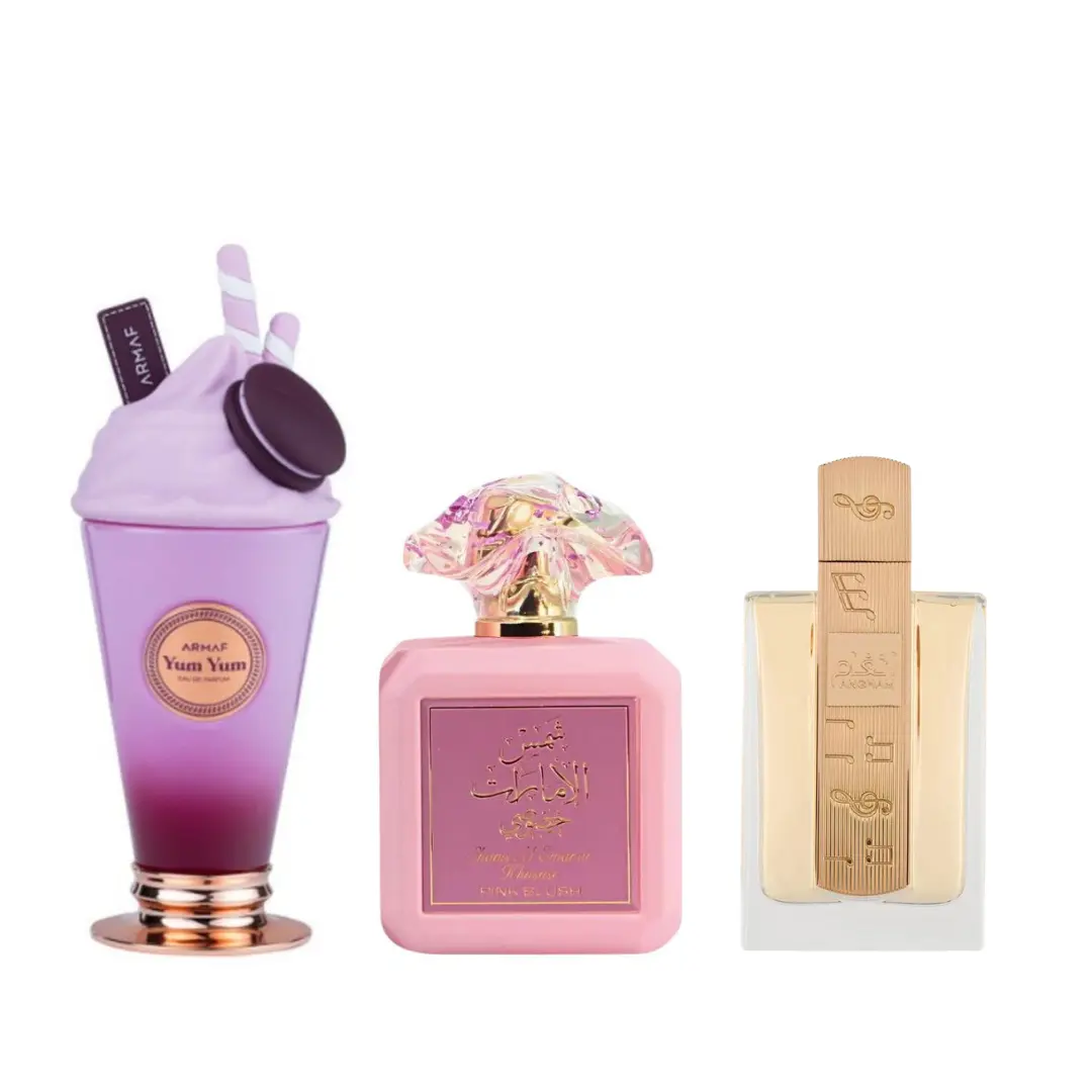 Armaf Women's 3-Piece Fragrance Bundle - Yum Yum Candy-Flavored, Shams Al Emarat Pink Blush Elegant, Angham Arabian Oud Fragrances for Layered Wear, Women's Fragrance