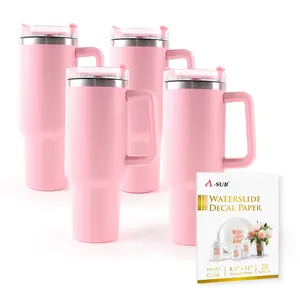 A-SUB Clear Waterslide Decal Paper 20 Sheets & 4-Pack 20OZ Pink Tumblers with Handle for UV DTF Printing DIY Crafting Custom Gifts